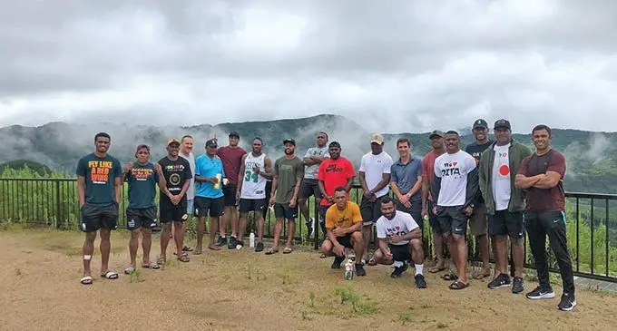 Team Fiji men's rugby sevens players and officials take time out in Oita, Japan, on July 19, 2021. Back (from left): Iosefo Masi, Napolioni Bolaca, Kitone Taliga, Brad Harris (assistant coach), Jone Niurua (manager), Meli Derenalagi, Kavekini Tabu, Vilimoni Botitu, Waisea Nacuqu, Asaeli Tuivuaka, Aminiasi Tuimaba, Gareth Baber (head coach), Kalione Nasoko,Jiuta Wainiqolo, Joseva Talacolo, Josua Vaku­runabili, Naca Cawanibuka (strength and conditioning coach). Front (from left) Sireli Maqala, Jerry Tuwai (captain). They leave Oita today for the Olympic Village in Tokyo. 