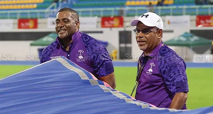 Pacific Games technical officials Waisiki Koroivulavou (left) and Biu Colati at the National Stadium, Honiara, Solomon Islands on November 30, 2023. Photo: Sereana Salalo