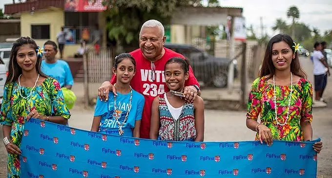 FijiFirst party leader Voreqe Bainimarama with supporters during their campaigning in Vusuya, Nausori on November 27, 2022. Photo: Leon Lord