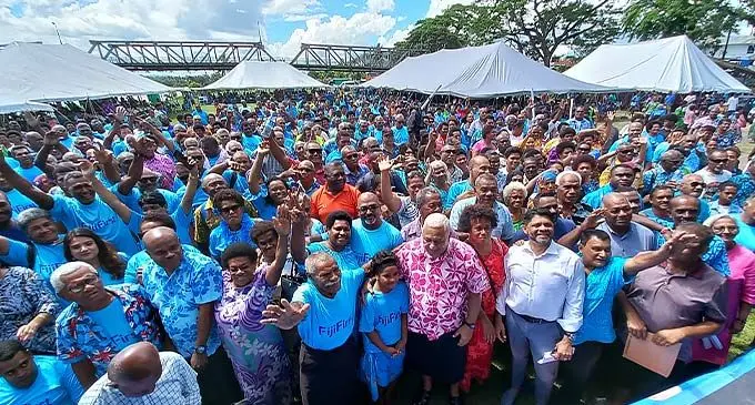 Prime Minister and FijiFirst party leader Voreqe Bainimarama with his party 2022 general election candidates and party supporters during the rally at Syria Park in Nausori on November 16, 2022. Photo: Ronald Kumar