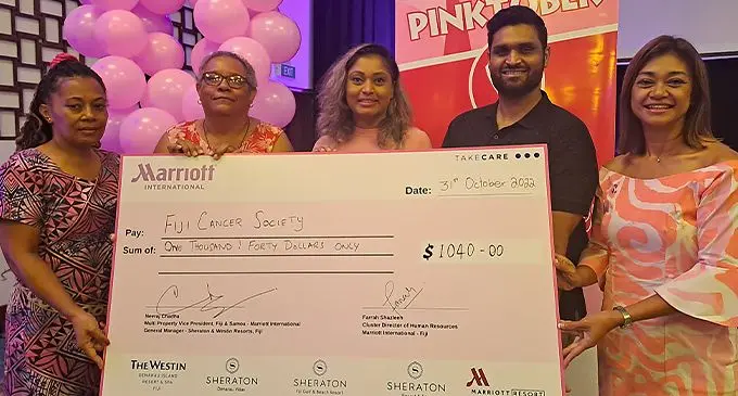Breast Cancer Warrior Makelesi Dibau, Fiji Cancer Society rep Margaret Rounds,Cluster Director of Human Resources Farah Shazleen, Director Finance Atul Choudhary, and Market Director Sales & Marketing Regina Wilson at the Pinktober event at the Sheraton Fiji Golf Resort and Spa on Denarau Island on October 31, 2022. Photo: Waisea Nasokia