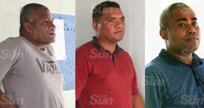 From left: Satiti Roko, Vaviano Bibi and Paula Verevakabau outside the Suva court on April 25, 2020. Photo: Kelera Sovasiga