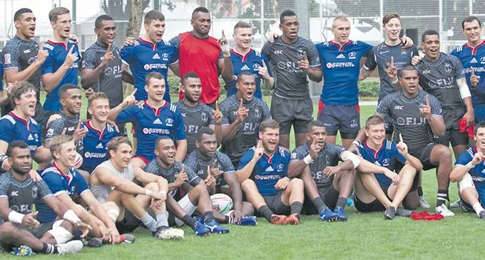 Fiji Airways Fijian 7s and Russia 7s teams after their scrimmaging match in Hong Kong on april 4, 2019. Photo: Bruce Southwick/ZoomFiji