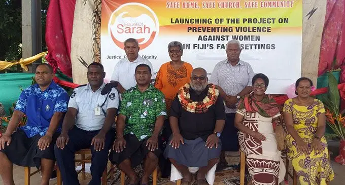 Reverend Orisi Vuki (fourth from left) with representatives from the House of Sarah, Ministry of Women and the Fiji Police Force at the Bishop Kempthorne Memorial School yesterday. Photo: Neelam Prasad