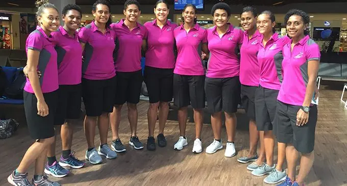 Fijian Pearls team before departure at Nadi International Airport. From left; Unaisi Rauluni, Alisi Galo,Matila Waqawai,Episake Kahatoka, Lydia Panapasa, Kelera Nawai,Laisani Waqa, Ema Mualuvu, Aliti Toribau, Asilika Sevutia on April 20, 2019. Photo: Netball Fiji