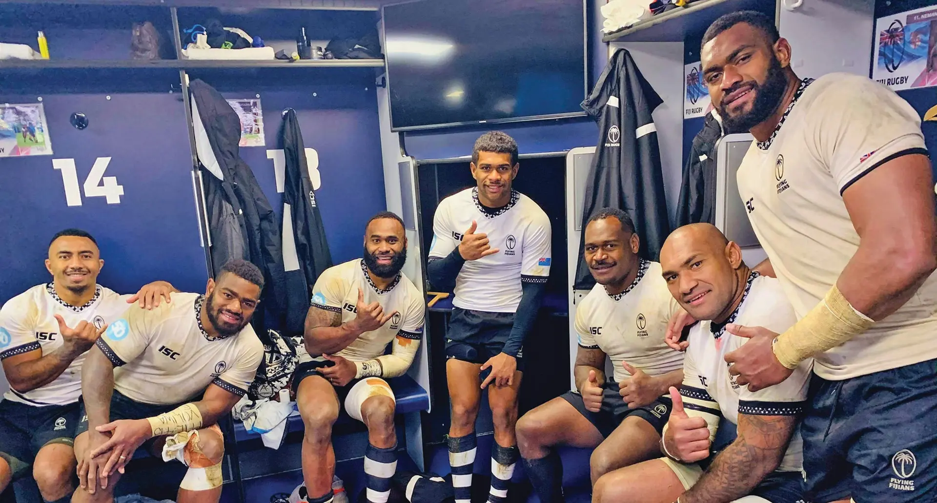 From left: Serupepeli Vularika, Josua Tuisova, Semi Radradra, Simione Kuruvoli, Levani Botia, Nemani Nadolo and Mesulame Kunavula in the dressing room after their 38-24 win against Georgia at Murrayfield on December 5, 2020. Photo: Autumn Nations Cup