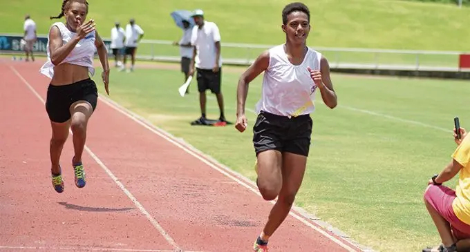 Jessie Vakalaloma (right) won the senior girls 100meters final during Adi Cakobau School inter-house competition at ANZ Stadium on February 16, 2019. Photo: Ronald Kumar.