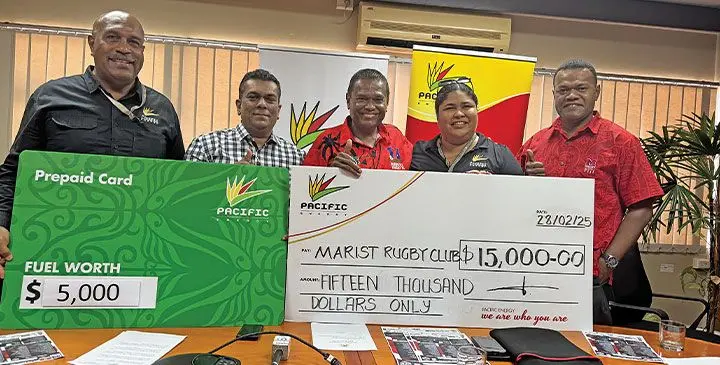 From left: Pacific Energy regional sales manager West/North Nemani Kobiti, chief marketing officer Amit Maharaj, Marist Rugby Club president Lawrence Tikaram, Pacific Energy marketing manager Alana Ah Yuk and Marist Old Boys Association president Neumi Vakadewabuka during the sponsorship handover in Suva on February 28, 2025. Photo: Sereana Salala