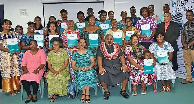 Minister for Youth and Sports Jese Saukuru (sitting fourth from left) with graduates of the University of the South Pacific’s Caregiving Course at the Lautoka Campus on June 25,2024. Photo: Fijian Government