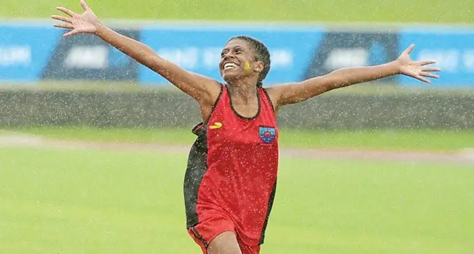 Zane Maopavere of Sacred Heart College celebrate her 400meters sub-junior girls final win during the school inter-house athletics competition at ANZ Stadium on March 9, 2021. Photo: Ronald Kumar