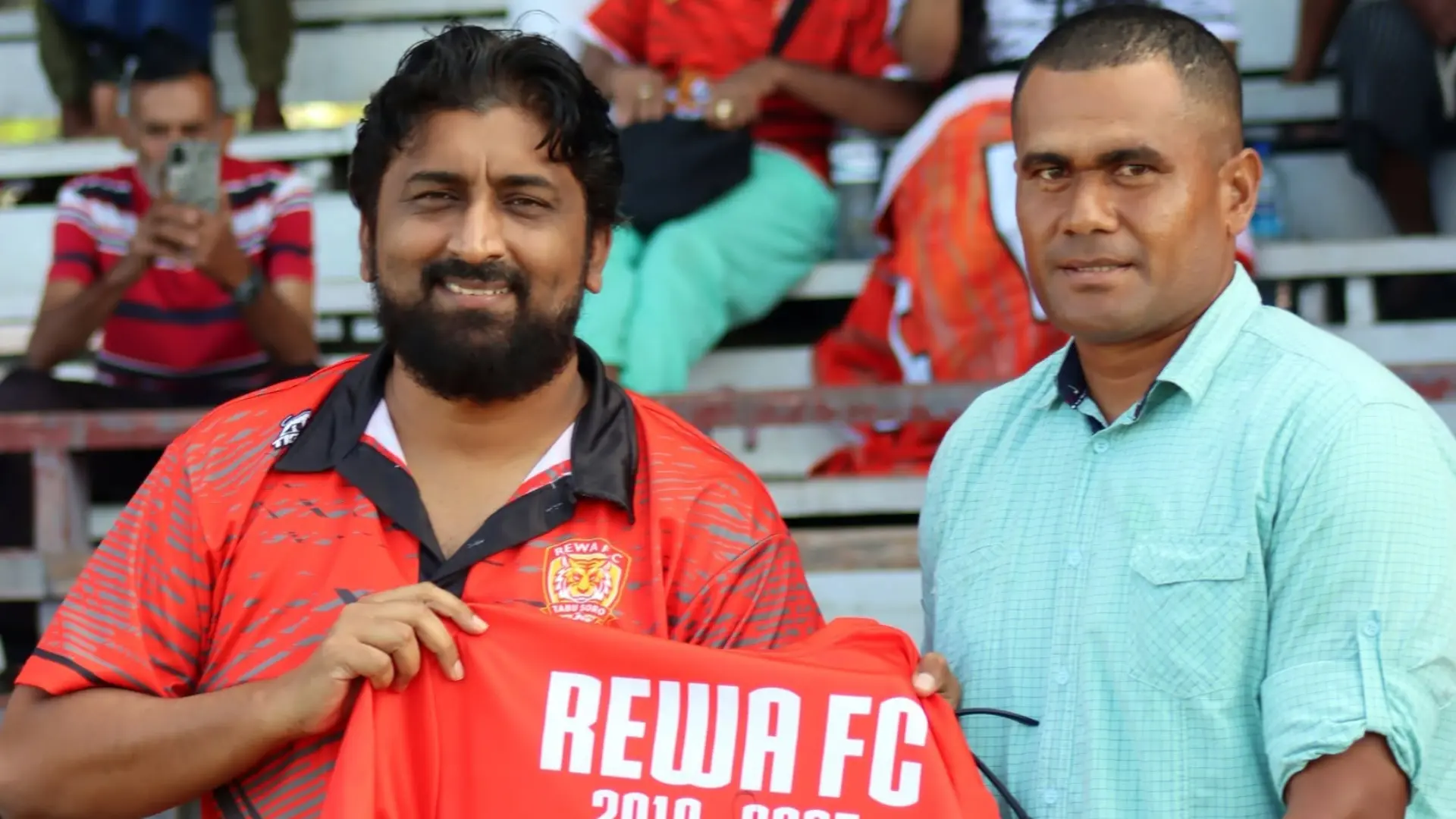 Rewa football President Nezeel Buksh (left) with Peniame Drova. Photo: Fiji FA Media