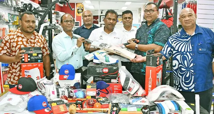 Sportsworld general manager Vinod Kumar (fourth from left) hands over the cricket equipment to Suva Cricket Association president Sumanta Rout (second from left)and other officials on February 6, 2025. Photo: Ronald Kumar