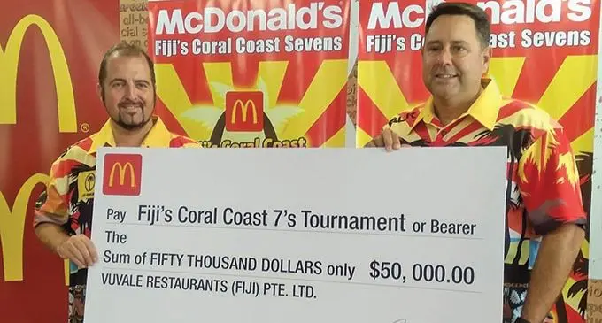From left: Tournament director Jay Whyte with McDonald’s Fiji managing director Marc McElrath in Suva at the launch of the 2020 Fiji McDonald’s Coral Coast Sevens on November 26,2019.    Photo: Simione Haravanua