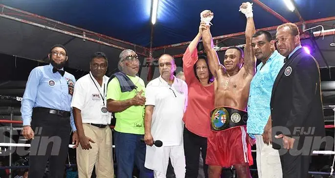 From left; Boxing Commission of Fiji director Usman Ali, BCF chairman Subhash Appana, former Fijian heavyweight champ Silovate Rasaku Jnr, South Pacific Boxing Promotions director Mohammed Shameem, Minister for Education Rosy Akbar, Alivereti Kauyaca, promoter Freddy Chand, match official Leca Fotu at A.D. Patel College, Ba on February 29, 2020. Photo; Waisea Nasokia.