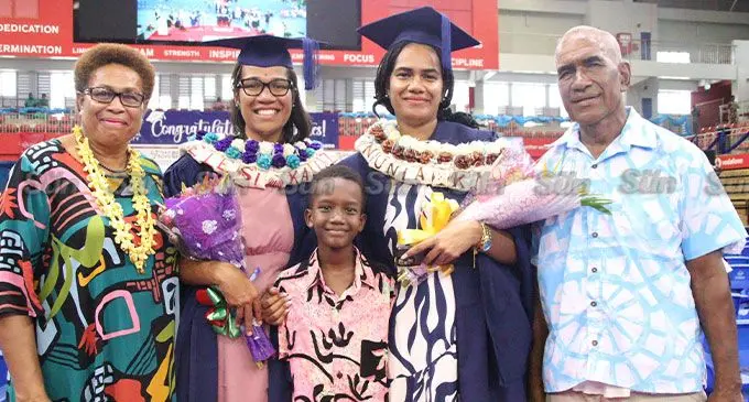 Proud Kautoga family. (From L-R) Mum, Loraini Kautoga, graduates Makelesi Kautoga, Nunia Kautoga with son Hazaiah Kautoga and dad Noa Kautoga. PHOTO: Kelera Tuisawau