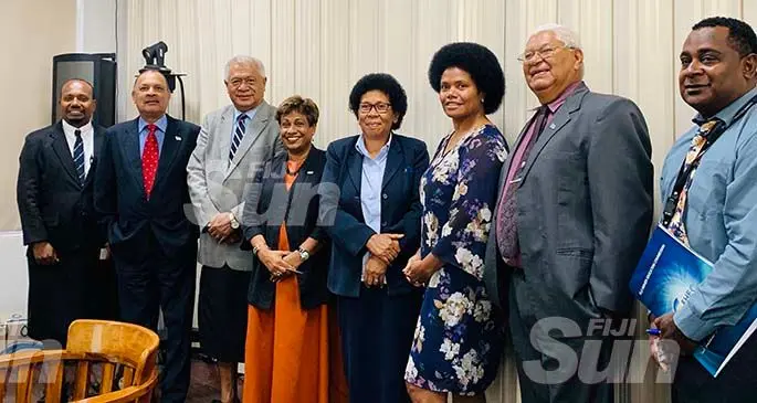 Members of the Fiji Higher Education Commission (FHEC) and Standing Committee for Foreign Affairs and Defence (from left), Monitoring and Evaluation officer Eci Naisele, Committee member Dr Salik Govind, Anare Jale, FHEC deputy director Nikhat Shameem, senior accreditation officer Atelini Koroi, Opposition MP Lenora Qereqeretabua, committee chair Alexander O’Connor and FHEC communication officer Epi Rawalai at the Parliament Big Committee Room in Suva on January 20, 2020. Photo: Fonua Talei