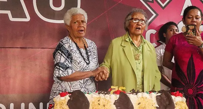From left: ACS old scholars Tema Savu and retired medical officer Dr Laisa Naivalulevu during the the 75th Anniversary at Adi Cakobau School, Sawani on October 1, 2023. Photo: Lice Movono