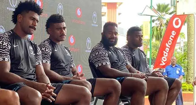 Vodafone Flying Fijians players at the launch of Vodafone’s 28th birthday at the Ivi Triangle, Suva, on July 1, 2022. From left: Kalaveti Ravouvou, Vinaya Habosi, Mesake Doge and Josua Tuisova. Photo: Sereana Salalo