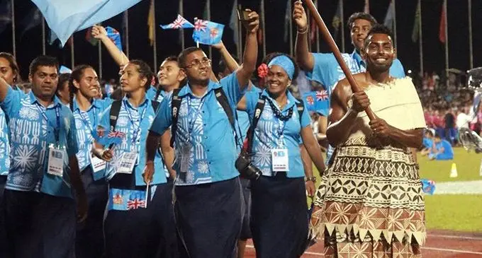 National football captain Roy Krishna leads Team Fiji into the opening ceremony of the 2019 Pacific Games at Apia Park Stadium, Samoa on July 7, 2019.  