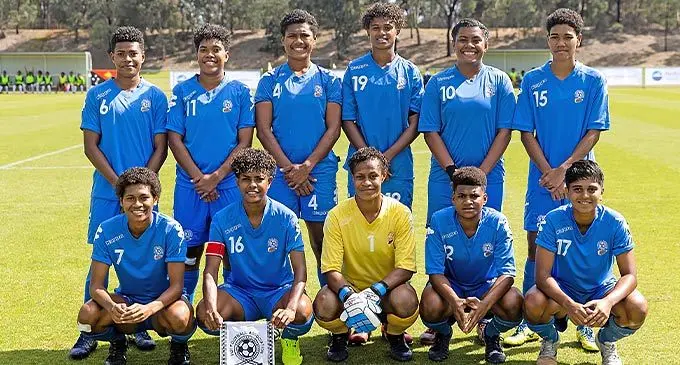 Digicel national women’s football team, back (from left) Cema Nasau, Jotivini Tabua, Mereoni Tora, Angeline Rekha, Luisa Tamanitoakula, Maria Ana Veronika. Front, (from left) Koleta Likuculacula, Sofi Diyalowai , Merevesi Fuga, Narieta Leba, Aliza Hussain in Canberra, Australia, on November 8, 2022. Photo: Football Australia.