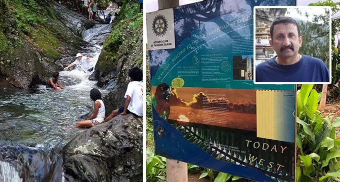A water fall in Taveuni and the infamous signboard which shows the international date line with the inserted image of Krishnan Narasimhan.