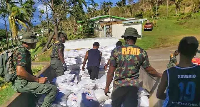 Fiji Military Force soldiers assisting with the relief in Vanua Levu following the passing of category 5 tropical cyclone Yasa. Source: DEPTFO 