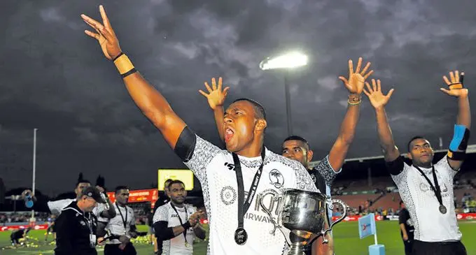 Fiji Airways Fijian 7s prop Paula Dranisinukula with the Hamilton Sevens Cup after their win in New Zealand on February 4, 2018. He retains his spot for the USA 7s in Las Vegas and the Vancover 7s in Canada. Photo: Zimbio