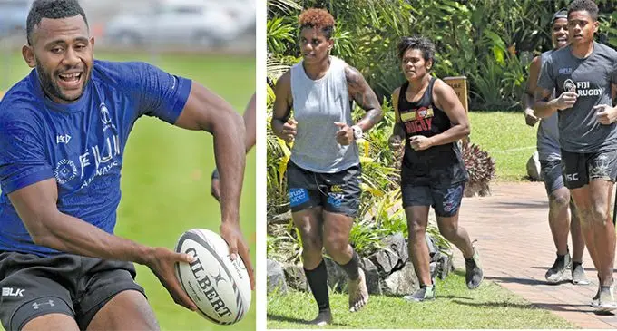 L-R: Fiji Airways Fijian 7s utility Vilimoni Botitu during training at Albert Park, Suva, on November 1, 2019 and Fiji Airways Fijiana 7s players (left-right) Roela Radiniyavuni,  Ana Maria Roqica, Luisa Tisolo, Raijeili Daveua, Merewalesi Rokouono at the Outrigger Fiji Beach Resort, Coral Coast, Sigatoka on November 1, 2019. Photo: Waisea Nasokia