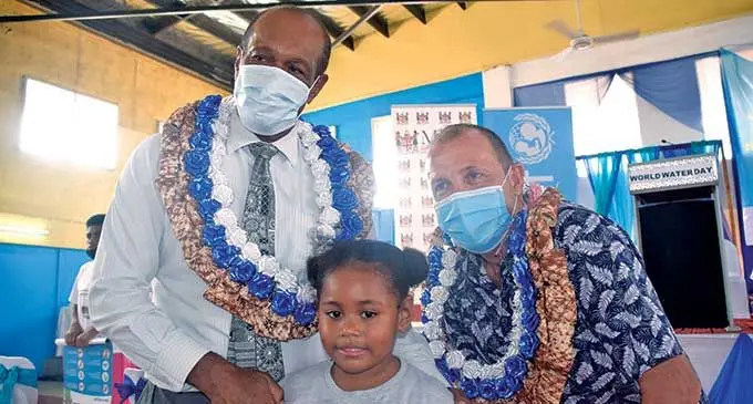 Minister for Infrastructure and Meteorological Services Jone Usamate and UNICEF Pacific Representative Jonathan Veitch met with students during the World Water Day celebration at Vunimono Hall in Nausori on March 22, 2022.   Photo: Ministry of Lands and Mineral Resources