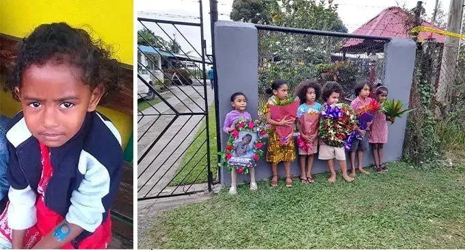 Some children from Namaka Public Kindergarten, which Natasha Nath also attended, pay their respects to the grieving family with flowers in Martintar, Nadi. INSET: Six-year-old Natasha Nath.
