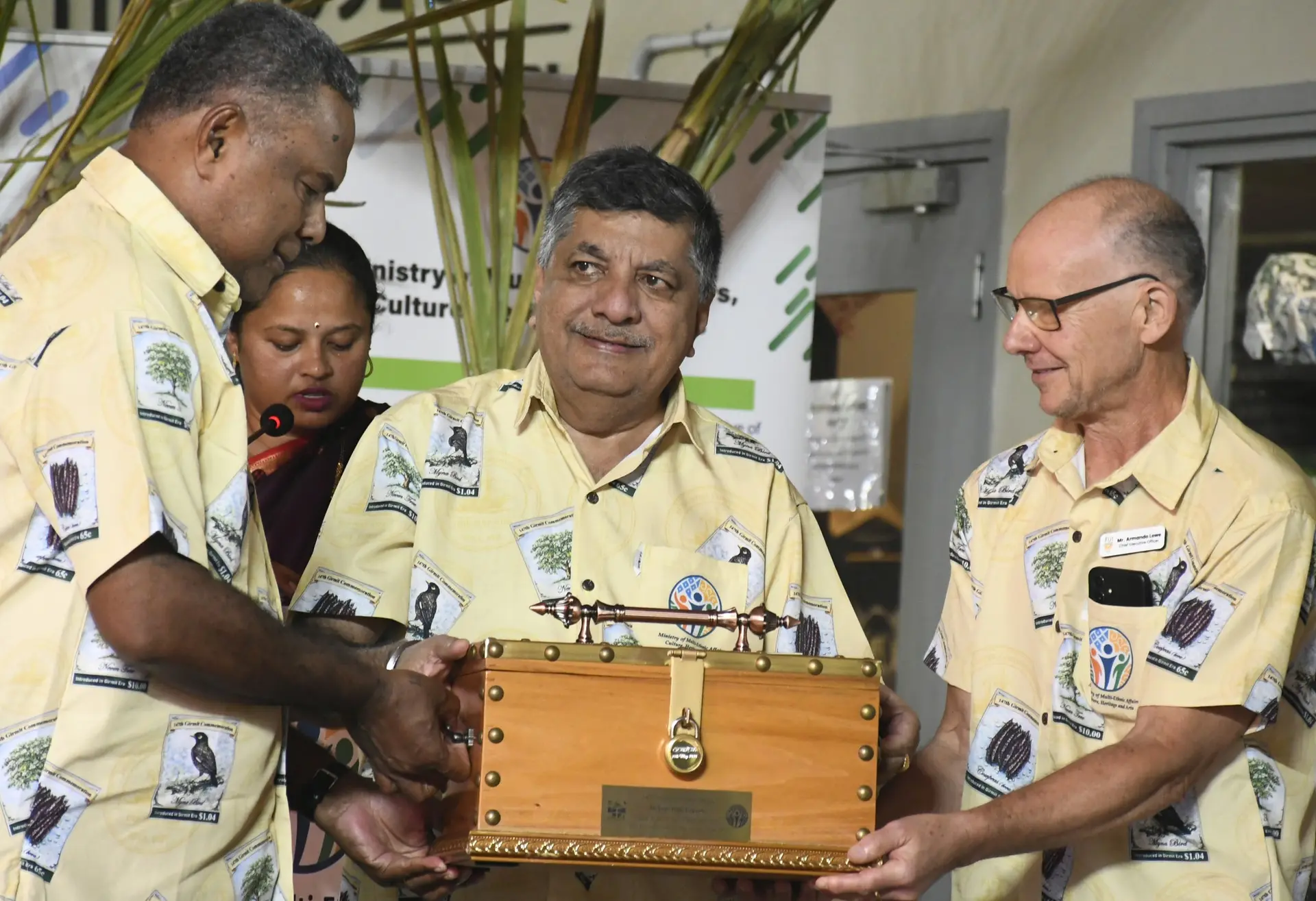 Minister for Multi-Ethnic Affairs, Heritage, Arts and Culture Charan Jeath Singh with the sealed 50 year old commemoration time-capsule during 147 year Girmit commemoration at Fiji Museum on May 16, 2026.