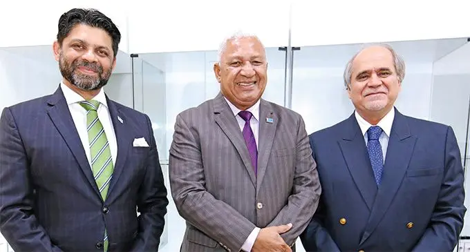 From left: Attorney-General and Minister for Economy Aiyaz Sayed-Khaiyum, Prime Minister Voreqe Bainimarama and the Secretary-General of the Asia-Pacific Broadcasting Union, Javad Mottaghi, in Suva on August 9, 2019. Photo: DEPTFO News