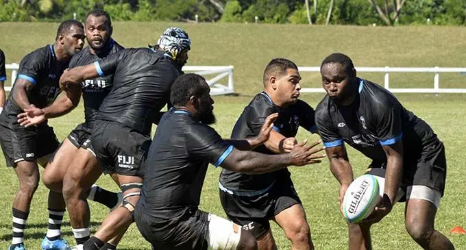 From left: Fiji Airways Flying Fijian squad members Mosese Voka, Peceli Yato, Tevita Cavubati, Peni Ravai, Sam Matavei and Api Ratuniyarawa during training at Prince Charles Park in Nadi last week.  Photos: Waisea Nasokia