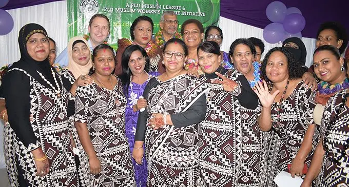 Minister for Women Mereseini Vuniwaqa, Deputy British High Commissioner to Fiji David Jones and Fiji Muslim League president Hafizud Khan with some of the graduates from Makoi Women’s Vocational Training Centre on March 7, 2019.  Photo: Ronald Kumar
