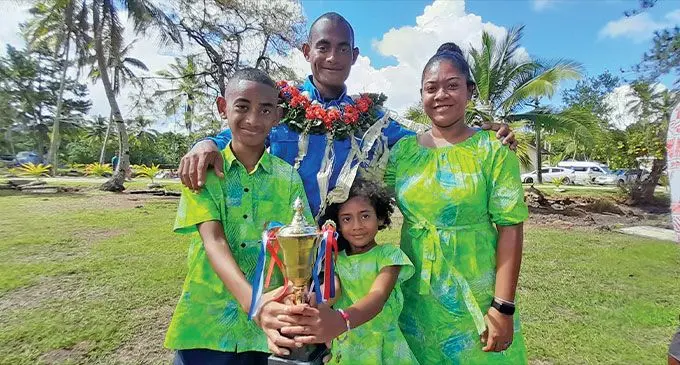 Kitione Waqabaca with his wife Asenaca and their two children, Elijah and Anna Waqabaca during the NFA 2023 Firefighter Recruits passing out parade at the Republic of Fiji Military Forces Navy Togalevu base on April 26, 2023. Photo: Wati Talebula-Nuku