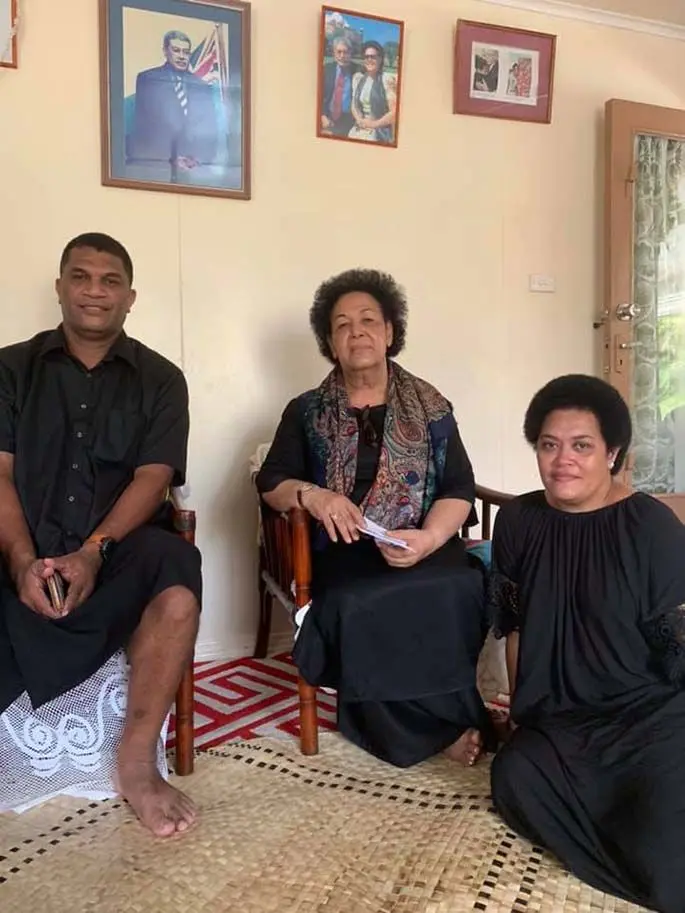 Wife of former Prime Minister Laisenia Qarase, Leba Qarase (middle), with Opposition Member of Parliament Aseri Radrodro (left), and Sainiana Radrodro (right) who visited the Qarase family in Suva on April 25, 2020.