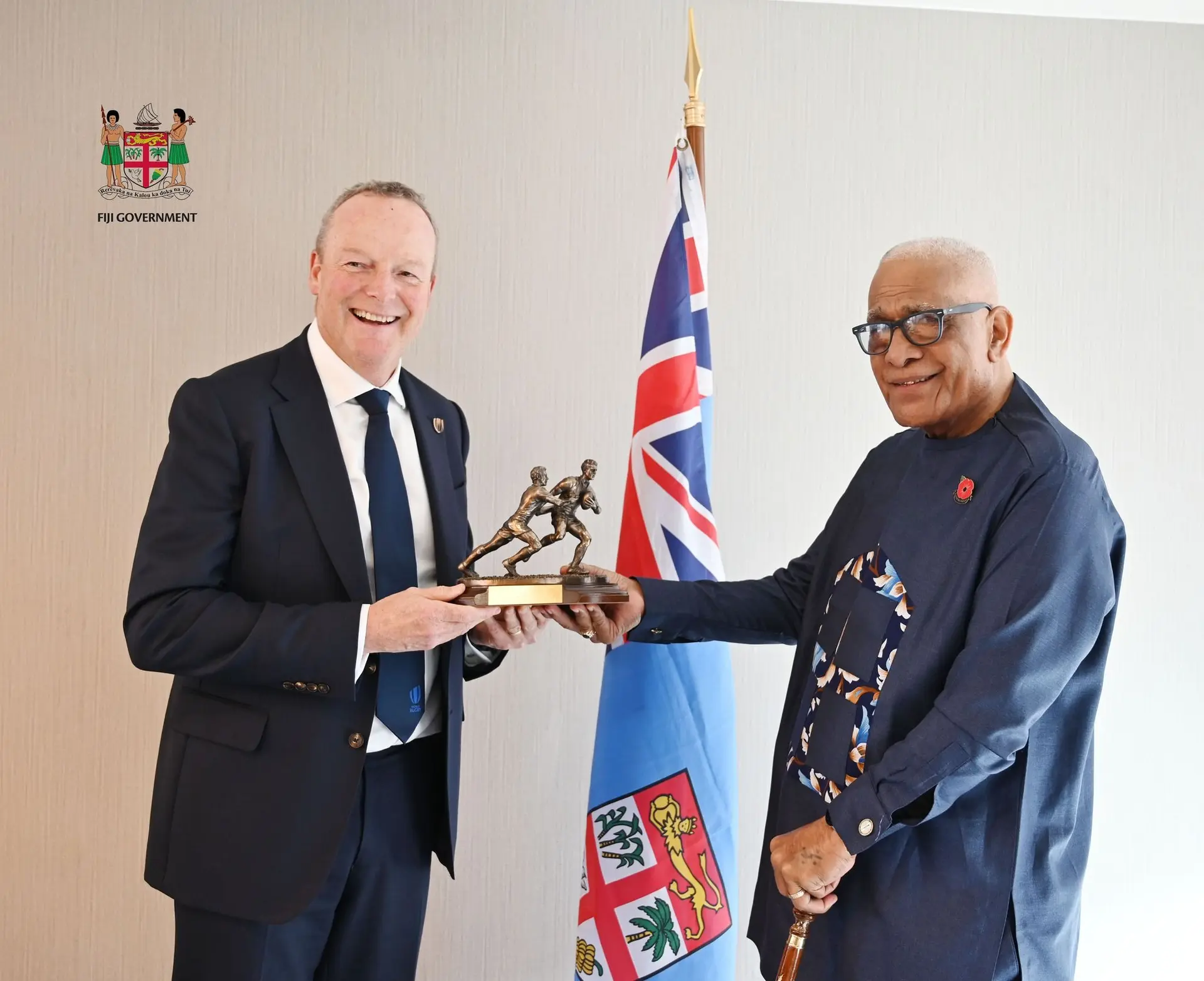 President Ratu Naiqama Lalabalavu (right) met with the World Rugby vice chairperson, Jonathan Webb in Dublin, Ireland.