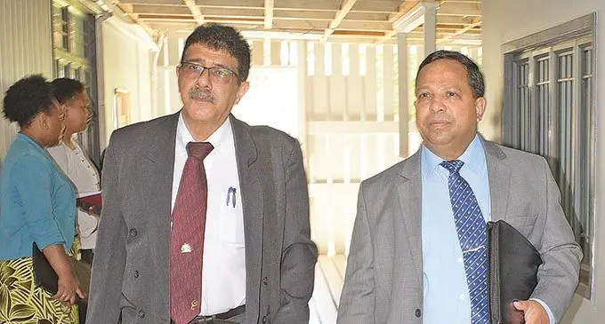 Lawyer Hemendra Nagin (left) and Mohammed Nouzab Fareed outside Court on December 1, 2020.  Photo: Ronald Kumar