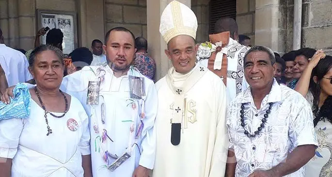 Deacon Sinapati Ioane (second from left) and Archbishop Peter Loy Chong (third from left), with family members at the Sacred Heart Cathedral in Suva on February 22, 2020. Photo: Inoke Rabonu