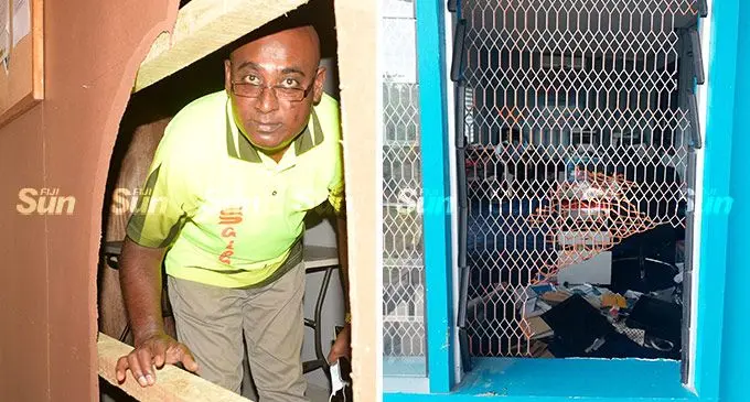 Deo Narayan of Sailex Shipping and Freight Limited, on March 16, 2022, shows the damage to their office following an alleged robbery at Ratu Dovi Road in Nasinu. Photo: Ronald Kumar