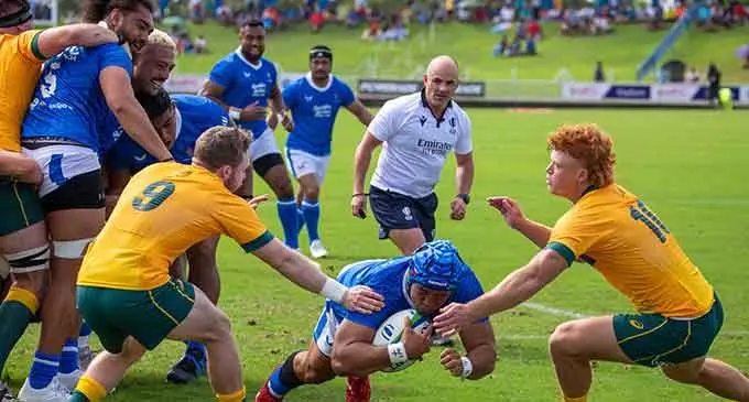 Samoa hooker Seillala Lam scores their first try during their World Rugby Pacific Nations Cup match against Australia at the HFC Bank stadium on July 2, 2022. Australia A will face the Flying Fijians on Saturday. 