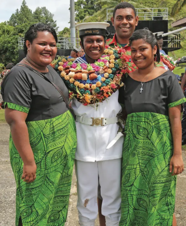 From left, Mere Gunuivei, Adi Naomi Bamako, Leba Kunakata and Etuate Vakarorogo (back) after the passing-out parade at Togalevu Naval base on April 17, 2019. Photo: Ilaijia Ravuwai