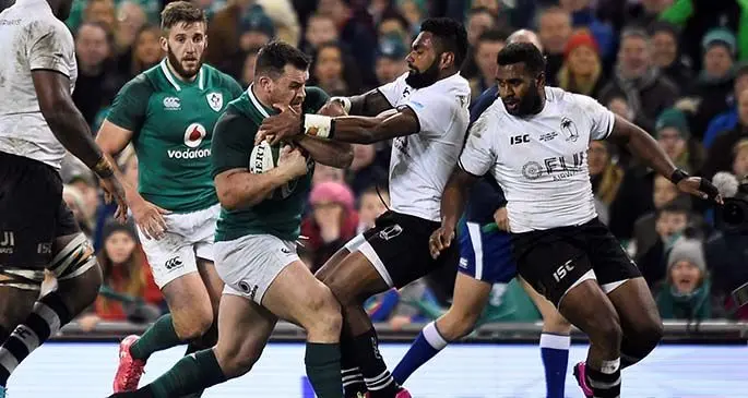 Flying Fijians halfback Nikola Matawalu makes a tackle against Ireland in their last Test match at Lansdowne Road in Dublin, Ireland, in 2017. Ireland won 23-20. Photo: The Irish Times