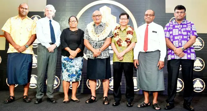 From left: Director of the National Training & Productivity Centre, Isimeli Tagicakiverata, Vice-Chancellor of the Fiji National University, Professor Nigel Healey, Permanent Secretary for Employment, Productivity and Industrial Relations Salaseini Daunabuna,  President retired Major-General Jioji Konrote, Secretary-General of the Asian Productivity Organisation Dr Santhi Kanoktanaporn, Minister for Employment, Productivity and Industrial Relations Jone Usamate and  Ambassador to the United Arab Emirates and former Director of FNU-NTPC (former TPAF) Kamlesh Prakash  on Tuesday, February 27, 2018  Photo: DEPTFO News