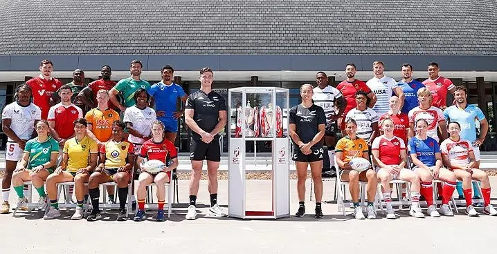 All the 24 captains at the captain’s photo prior to the HSBC Hamilton Sevens at Kaute Pasifika Pan Pacific Community Centre on January 18, 2023. Fijian men’s captain Waisea Nacuqu (standing fifth from right in the back row) and Fijiana captain Rusila Nagasau (standing fourth from right in the middle row). Photo: Mike Lee/ KLC fotos/ World Rugby