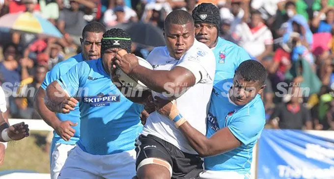 Swire Shipping Fijian Drua team mates Timoci Sauvoli for Nadroga with ball in hand is tackled by Tuifagalele Sorovakatini of Suva during a Skipper Cup match between Nadroga and Suva on July 25, 2020, at Lawaqa Park, Sigatoka .Photo: Leon Lord