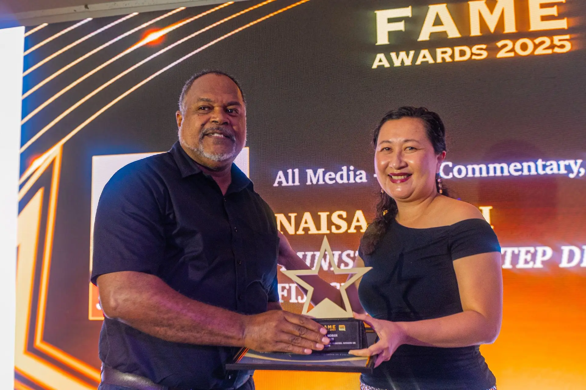 From Left Naisa Koroi and Munro Leys representative.Naisa Koroi was awarded the Best Commentary, Analysis, Opinion & Critique at the FAME awards on 7th December 2025