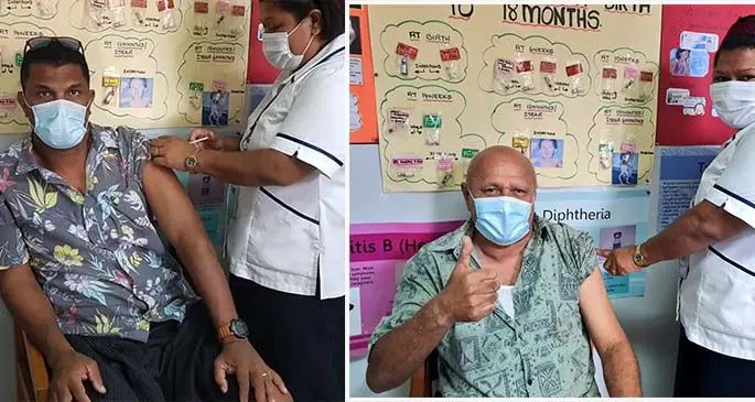 SODELPA MP Aseri Radrodro and leader Viliame Gavoka get their COVID-19 vaccine jabs at Namosi House, Suva on April 24, 2021. Photo: SODELPA