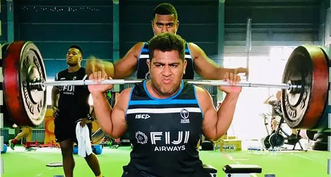 Fiji Airways Flying Fijians hooker Veremalua Vugakoto during their gym session at the Varsity Weight Room in Akita, Japan, on September 9, 2019. The Flying Fijians are grateful to the gym owner Masanobu Kawamure for hosting them. Photo: FRU Media