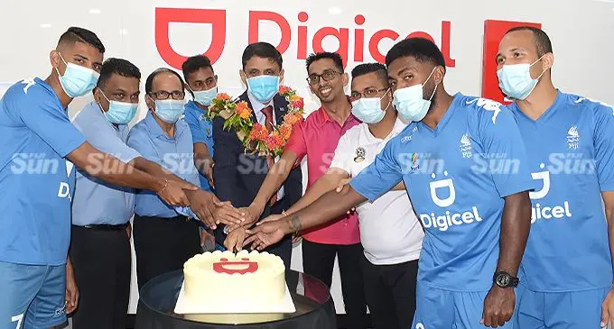 From left: National Soccer rep and Digicel Bula Boys Anish Khem, Suva City Council chief executive officer Azam Khan, Tappoo Group executive director Mahendra Tappoo, national soccer rep Patrick Joseph, Permanent Secretary for Commerce, Trade, Tourism and Transport Shaheen Ali, Digicel Fiji chief executive officer Farid Mohammed, National Soccer team manager Anushil Kumar, national soccer reps Setareki Hughes and Tevita Waranaivalu during the opening of Digicel outlet at TappooCity Suva on February 16, 2022. Photo: Ronald Kumar